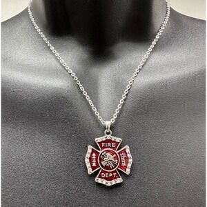 Firefighter Maltese Cross Necklace Red Enamel Rhinestone Fire Dept‎ Pendant